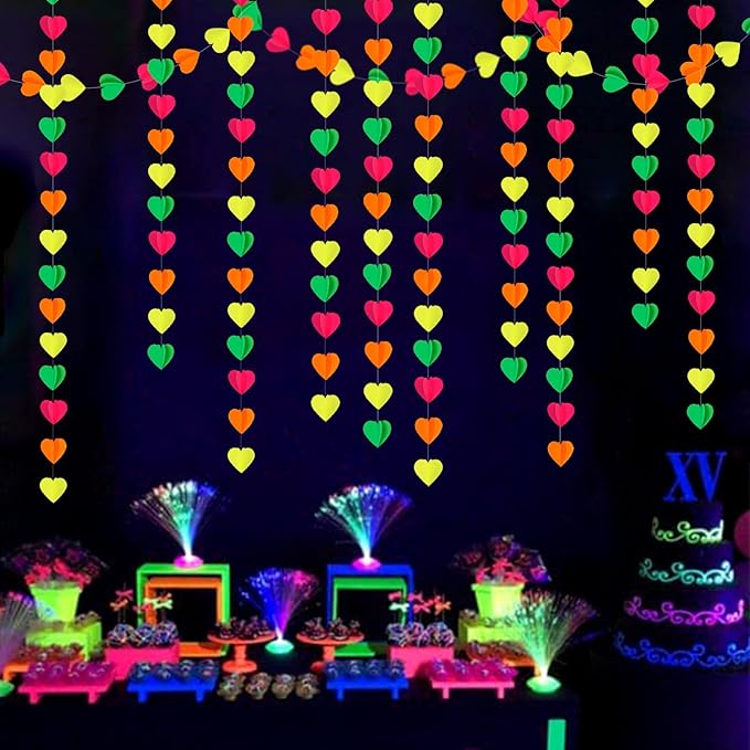 Valentines Day UV Neon Party Decorations Heart-Garland - 39Ft 3D Glow In The Dark Supplies, Hanging Paper Streamers Banner,Girl Romantic Wedding Anniversary Baby Bridal Shower Engagement Decor Ouruola