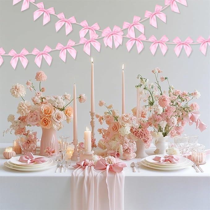 2pcs Pink Bow Garland Banner, Pink Ribbon Bow Party Decorations for Baby Shower Girls Bow Coquette Birthday Party Decor
