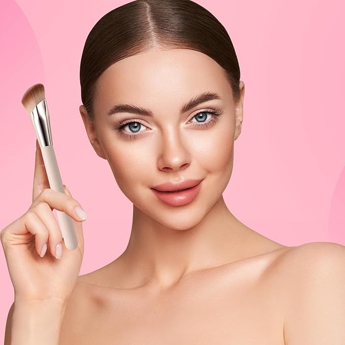 Angled Foundation Brush for Liquid, 16.2CM/6.4in Angle Contour Brush Kabuki Makeup Brushes with Soft Dense Synthetic Bristles Face for Liquid, Buffing, Contouring, Bronzer, BB Cream, Blending (Pink)
