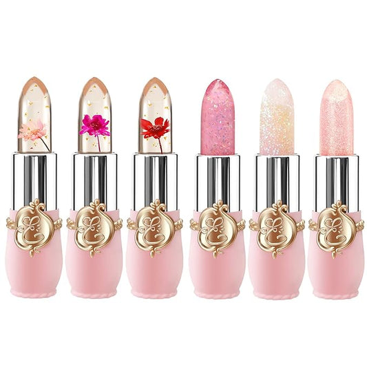 BestLand 6 Pcs/Set Flower Jelly Lipstick Set Temperature Change Moisturizer Long Lasting Nutritious Shimmer Lip Balm Magic Color Change Lip Gloss (Color Changing Lipstick Set B)