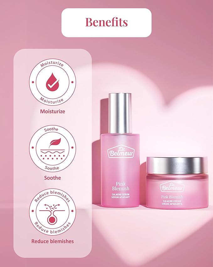 DR. BELMEUR Pink Blemish Calming Serum (1.7fl oz) - Hydrating, Soothing Korean Skin Care for Sensitive Skin. Vegan Hyaluronic Acid, Niacinamide.