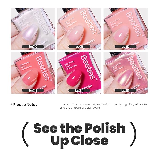 Beetles Nail Polish Set Heartbeat-6 Colors Hot Pink White Jelly Nude Pink Nail Polish Set Shimmer Pearl Quick Dry Finger Nail Polish DIY Nail Art Salon Home Gift for Women & Girls