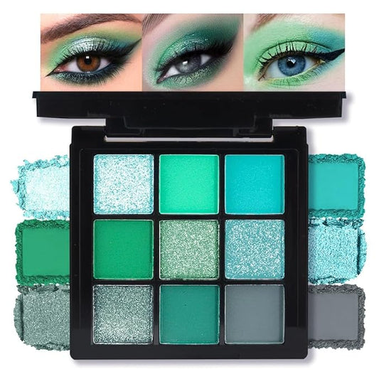 AMY'S DIARY Matte Shimmer Light Deep Green Eye Shadow Palette Makeup,Eyeshadow Long Lasting Waterproof Cruelty-Free, 9 Blendable Shades in Smooth Finishes with Gorgeous Pearls for Girls (Green)