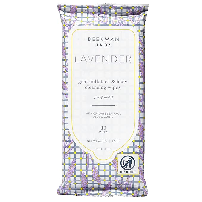 Beekman 1802 Face & Body Wipes, Lavender - Scented - 30 Count - Cleanses - With Goat Milk, Aloe & Vitamin E - Alcohol Free, Biodegradable - Good for Sensitive Skin - Cruelty Free