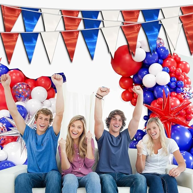 20M/65FT White Blue Red Triangle Pennant Banner Flag Metallic Fabric Bunting Garland for Christmas Graduation, Independence Day, 4th of july, Patriotic Themed Party Decoration