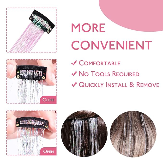 WENNALIFE Hair Tinsel Clip In for Girls Bright White, 6pcs 24 inch Clips Tinsel Hair Extensions Clip in Colorful Glitter Clips Sparkle Fairy