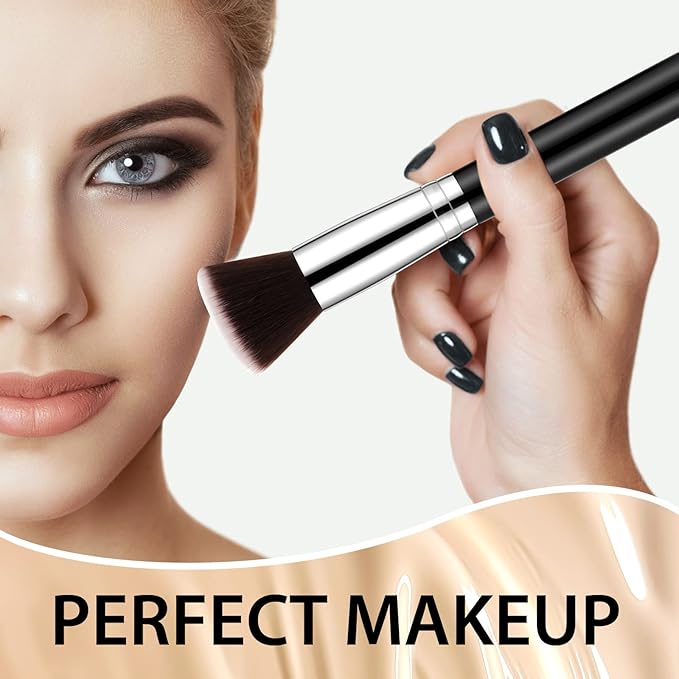 Tanlade 10 Pcs Makeup Brushes Bulk Flat Top Foundation Brush Liquid Cream Powder Foundation Contour Blush Concealer Eye Shadow Blending Liner Make up Kit for Wedding Artist(Black)