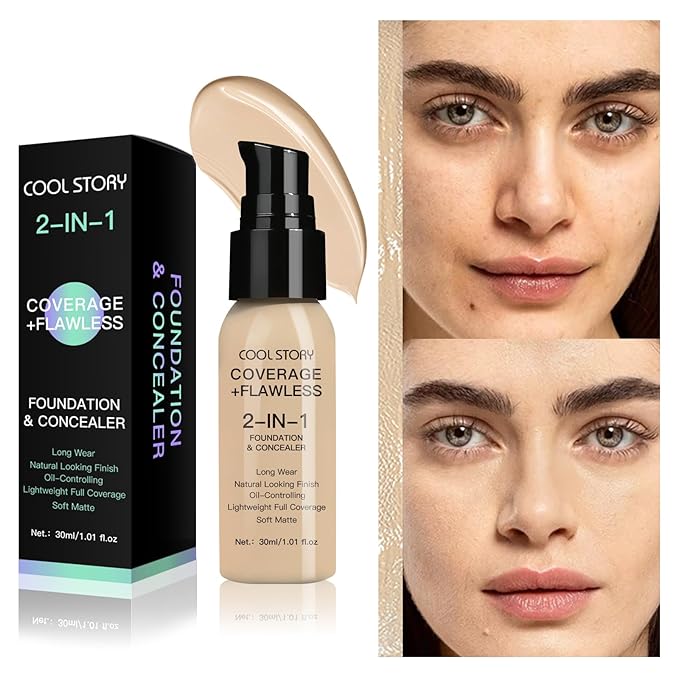 2-in-1 Foundation and Concealer Long Wear Natural Matte Finish Lightweight Coverage (Fair)