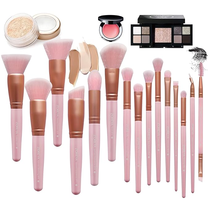 ZOREYA Makeup Brush Set - 15 Pcs Premium Synthetic Foundation Concealers Eye Shadows Make Up Brush,Eyeliner Brushes(Pink)