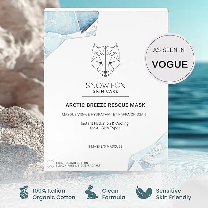 Snow Fox Arctic Breeze Rescue Sheet Mask with Peppermint & Aloe Vera – Cooling Face Mask to Calm & Revitalize Skin and Refresh after Travel – Hydrating Facial Skin Care for all Types – 1 Pack