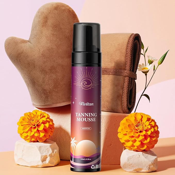 Self Tanner Mousse for Women - Medium Bronze Sunless Tanning Foam with Fake Tan Mitt & Strap, Buildable Natural Glow, Aloe Vera & Coconut, Vegan, Streak-Free, Odorless (8.5 Fl Oz)