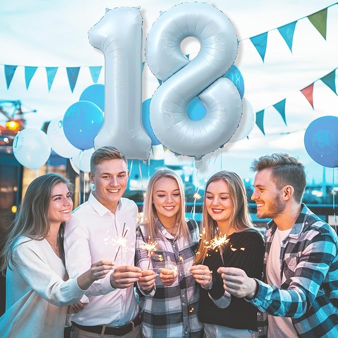 40 Inch 18 Balloon Number, Large Pastel Baby Matte Blue Foil Number 18 Balloons Birthday Party Decor, Light Sky Blue Helium Mylar Self Inflating Balloon for Men 18th Birthday Anniversary Decorations