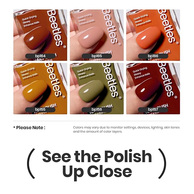 Beetles Fall Nail Polish Set P180, 6 Color Red Yellow Green Quick Air Dry Nail Polish, Natural Nail Lacquer Manicure DIY Nail Art Salon Christmas Gift For Women