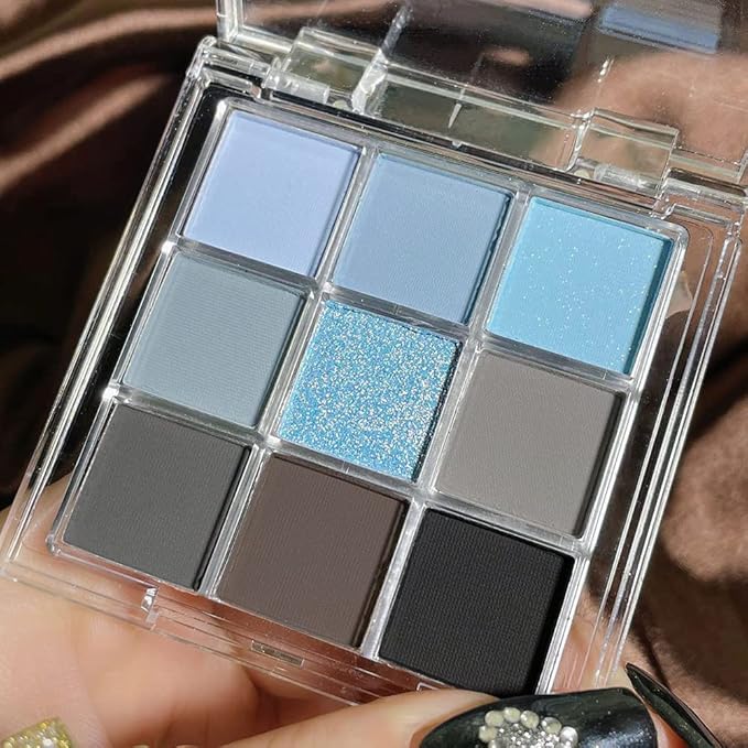 9 Colors Blue Grey Colorful Eyeshadow Palette,Matte Shimmer Navy Blue Sky Blue Grey Eye Shadow Makeup Palettes,Long Lasting Waterproof Eye Makeup Palette