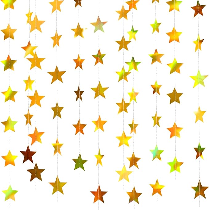 Patelai Glitter Star Garland Banner New Years Decor 130 Feet Star Hanging Banner Twinkle Backdrop for Birthday Classroom Wedding Halloween Christmas Party Supplies(Iridescent Gold)