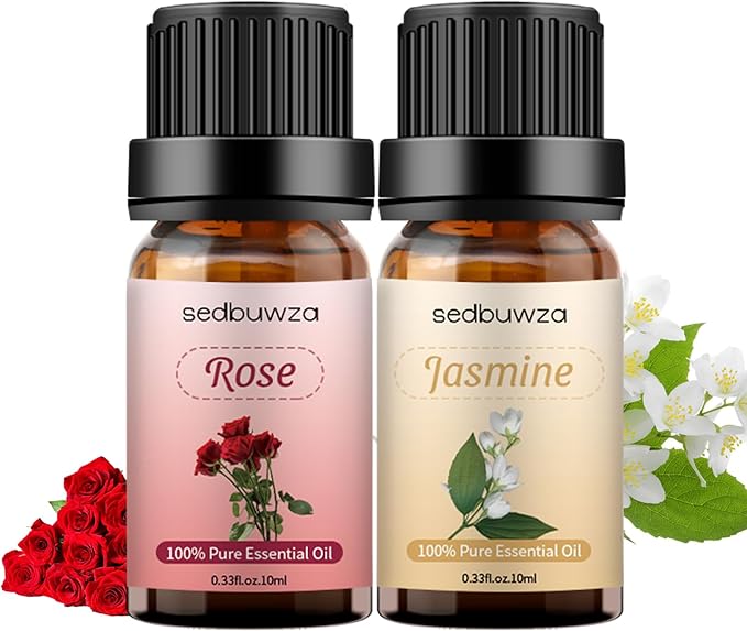 Sedbuwza Rose Jasmine Essential Oil Set, Rose Fragrance Oil Jasmine Scent Oil Set for Diffuser, Aromatherapy, Massage, Soap, Candle Making 2 x 10 ml