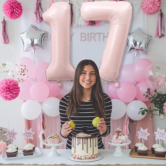 17th Birthday Balloons for Girls, 40'' Foil Self Inflating Dusty Light Baby Pink Number 17 Balloon, Pastel Blush Pink Big Helium Mylar 17 Balloon Number for Birthday Party Decor Anniversary Decoration
