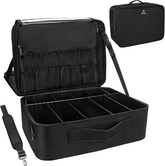 Relavel Large Makeup Organizer Profession Makeup Bag Extra Large Makeup Case with Adjustable Dividers, Adjustable Angle Fixed Belt and Shoulder Strap Plastic Dividers