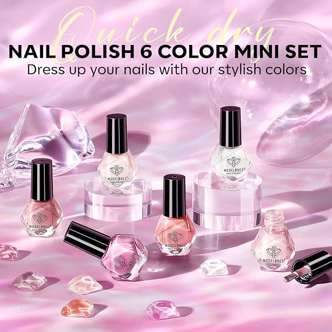 modelones Jelly Nail Polish Set 6 Colors, Milky White Pink Sheer Nude Quick Dry Mini Nail Lacquer Kit, Translucent Clear Transparent Peach Shimmer Manicure DIY Nail Art Spring Gift for Women Girls