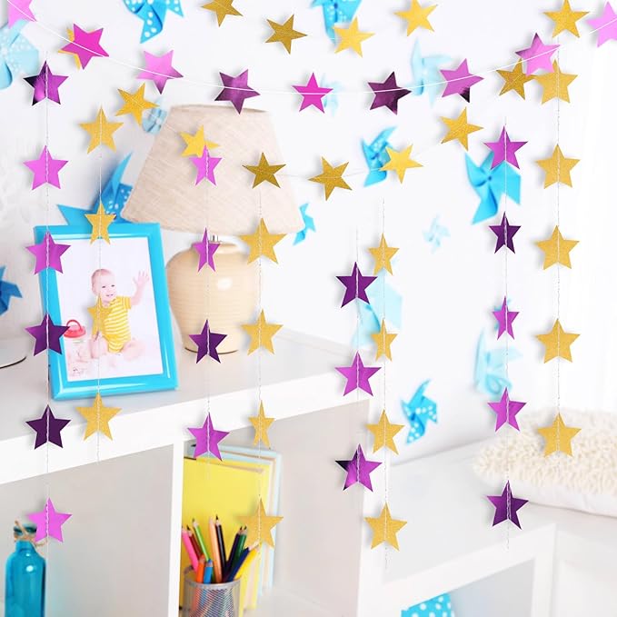 Patelai 130 Feet Glitter Star Garland Banner Decoration Hanging String Star New Year Eve Party Supplies Gold Black Party Decor for 2026 New Year Valentines Wedding Birthday (Gold and Purple)