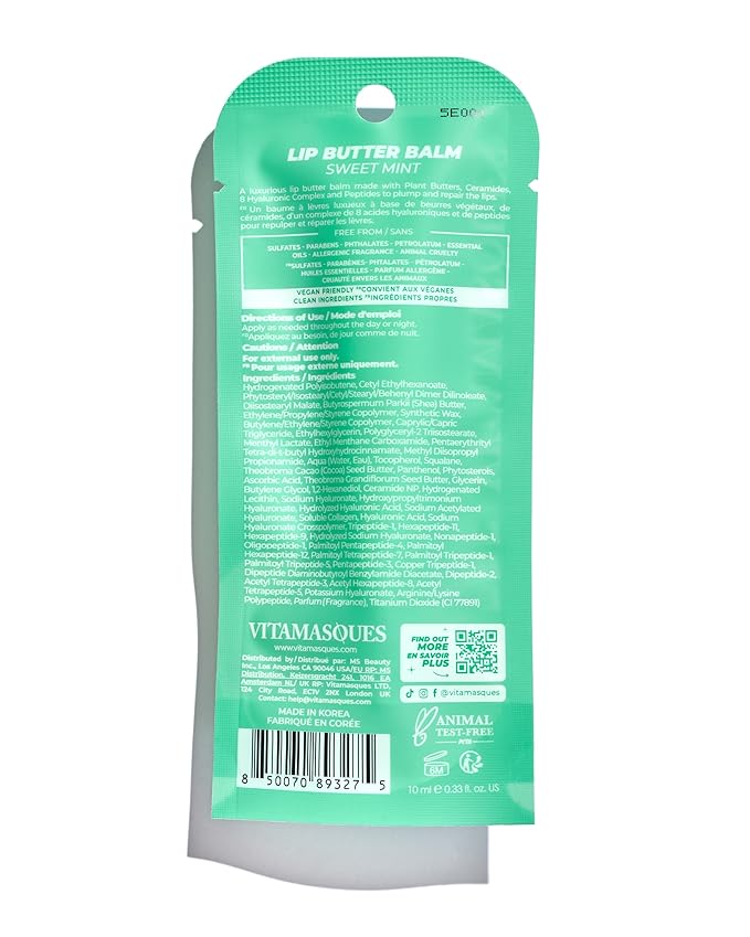 Vitamasques Lip Butter Balm - Sweet Mint, Korean Lip Balm - Peptide Lip Treatment - Lips Balm Hydrating - Light Tinted Lips balm - Made in Korea - 0.33 fl.oz