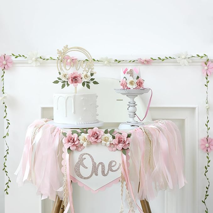 Wildflower 1st High Chair Banner Birthday Decorations For Girl Pink Flower Cake Topper Hat Floral Theme Party Decoration