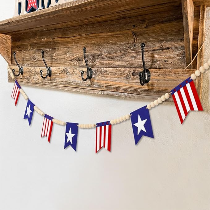 5.1 FT 4th of July Patriotic American Flag Wood Bead Garland Banner - Independence Day Decorations for Fireplace Mantle, Red White Blue Decor for Memorial Day, Veterans Day & Party Supplies