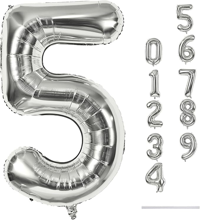 40 Inch Silver Large Numbers Balloons 5, Self Inflating Digit 5 Helium Balloons for 5th Girls Boys, Foil Mylar Big Number Balloon Set 0-9 for Women Men Birthday Party Anniversary Supplies Decorations