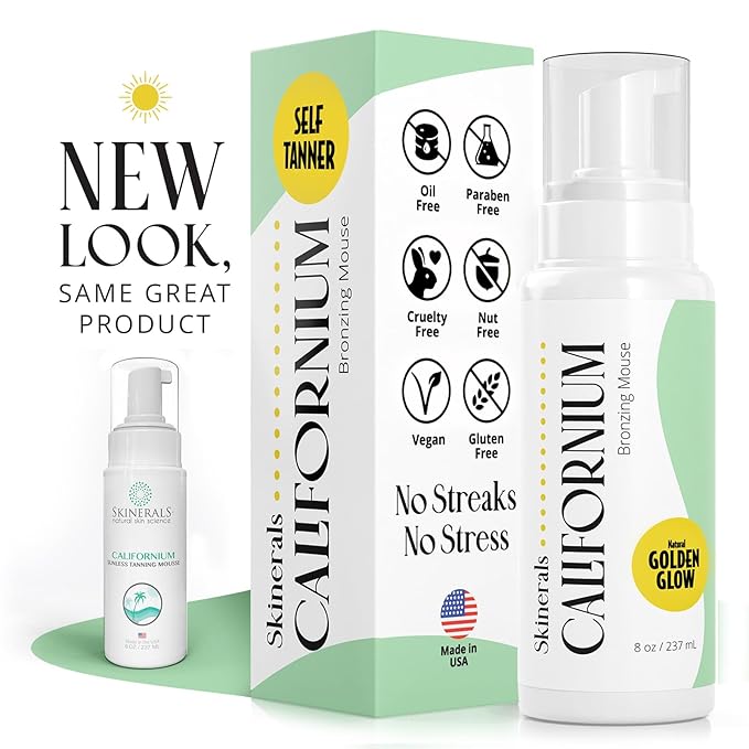 Skinerals Self Tanner Mousse, Organic Sunless Tanning Foam for Face & Body, Natural Looking, Streak-Free, Quick-Drying, Long-Lasting Fake Tan, 8 oz, Californium