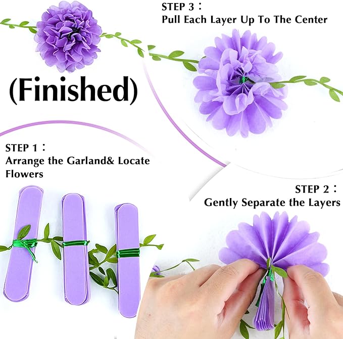 Tissue Paper Pom Pom Garland Hanging Paper Flower Decorations for Wedding Baby Shower Engagement Garden Tea Party Bridal Shower Spring Summer Wall Decor Nursery Arch Backdrop