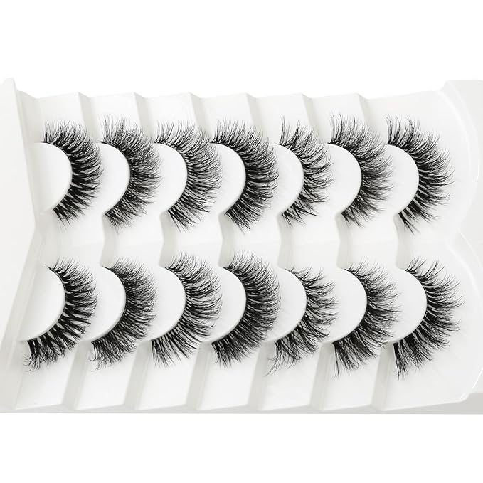 3D Clear Band False EyeLashes Soft Faux Mink Lashes Wispy Fluffy Eyelashes Natural Cat Eye Short Reusable 7 Pairs Happy Heartbeat(No.191)