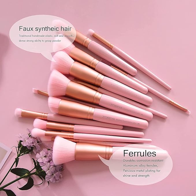 ZOREYA Makeup Brush Set - 15 Pcs Premium Synthetic Foundation Concealers Eye Shadows Make Up Brush,Eyeliner Brushes(Pink)