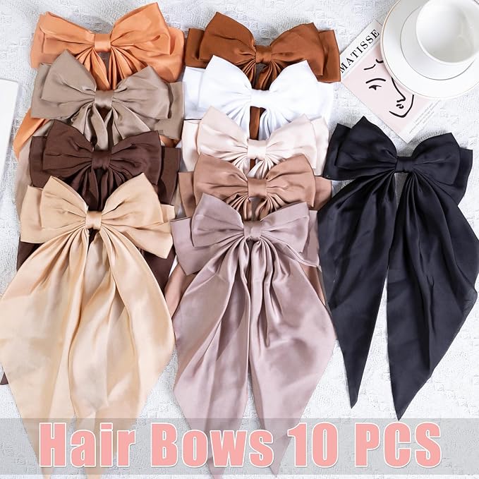 10 PCS Large Hair Bows Ribbon Bow for Women,Hair Bows for Womens,Oversized Long-tail Cute Aesthetic Hair Accessories,Large Hair Barrettes for Women,Big Bows for Girls（Warm brown