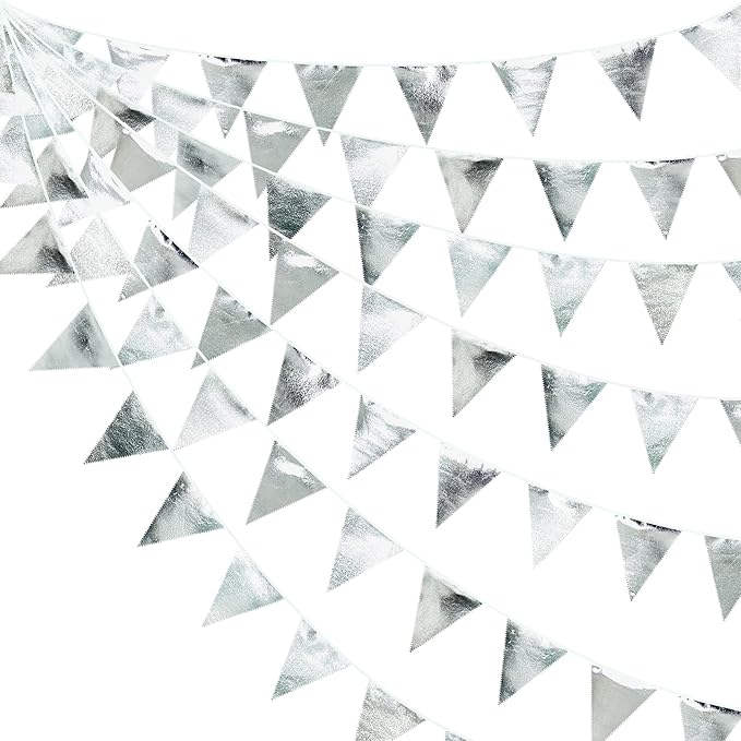 Silver Party Decorations Metallic Fabric Triangle Pennant Banner Silver Flag Bunting Garland for Graduation Birthday Wedding Bridal Shower Anniversary Engagement Bachelorette Party Decoration Supplies