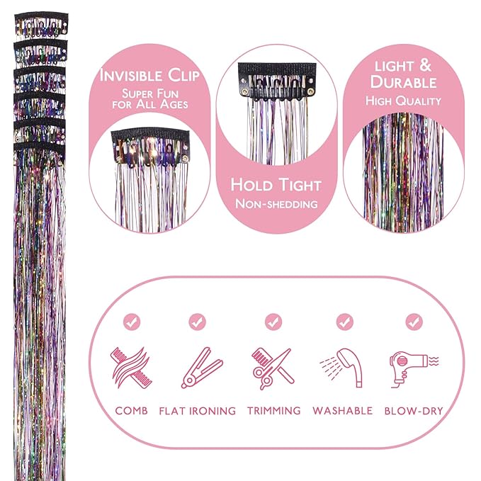 WENNALIFE Hair Tinsel Clip In for Girls Rainbow, 6pcs 24 inch Colorful Glitter Sparkle Fairy Hair Accessories for Kids Clip in Colorful Glitter Tinsel Hair