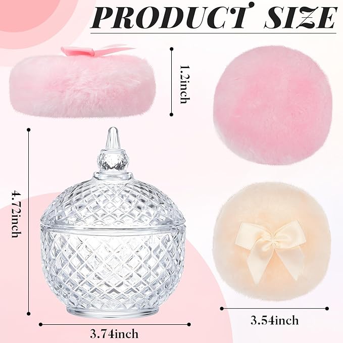 Tioncy 3 Pcs Large Body Powder Puff and Container Valentine's Day gift Powder Container with Puff Crystal Case Soft Washable Reusable Velour Face Body Glitter Wet Dry Makeup(Elegant,Clear)