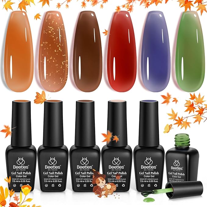 Beetles Fall Gel Polish - Fall Glimmer 6 Colors Jelly Polish Set, Tortoise Brown Orange Blue Green Jelly Colors Nail, Soak Off LED UV Curing Manicure Kit Gift for Women