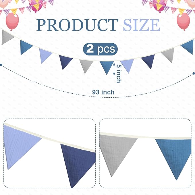 VitalCozy 17 ft Pennant Banner Flags, 2 Pcs Nursery Garland Triangle Bunting Flag Double Side Baby Banner for Boho Decor Baby Shower Birthday Wedding Party Event, Each 8.5 ft(Blue)