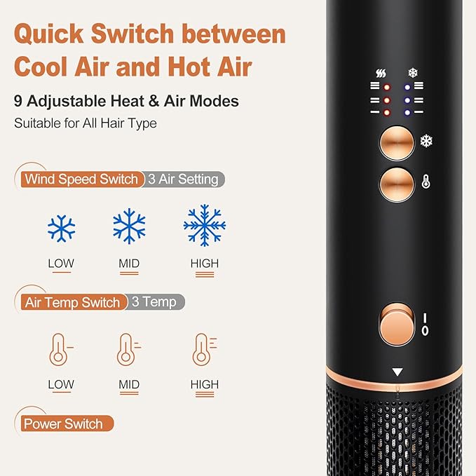 Air Styler Hair Dryer Brush - 110,000 RPM Flexible Hair Styler for Fast Drying/Rotating Curling/Volumizing/Straightening, Auto Wrap Curlers, High-Speed Oval Blow Brush Hair Dryer (Black-Caramel)