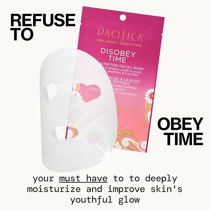 Pacifica Disobey Time Rose & Peptide Facial Sheet Mask 12-PACK Hydrating Anti-Aging Mask for Fine Lines & Dry Skin Infused w/Hyaluronic Acid & Chamomile Vegan & Cruelty-Free Dermatologist Tested