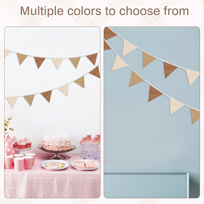 2PCS Pennant Banner Flags, Fabric Bunting Banner Nursery Garland Decor, Baby Shower Garland, Triangle Flags for Baby Boy Room, Playroom, Boho Birthday Party Decor, Each 7.75 ft (Brown White)