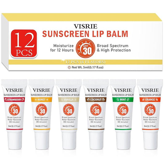 SPF 30 Lip Sunscreen, SPF Lip Balm Bulk 12 Pack, Moisturizing Sunscreen Lip Balm with Vitamin E and Shea Butter, Non-Sticky SPF Lip Gloss for All Skin Tones-Clear