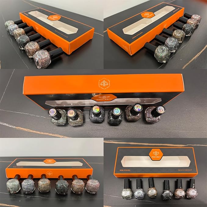 modelones Glitter Nail Polish 6 Colors Holographic Sparkle Glitter Mini Set Flash Diamond Black Silver Gold Quick Dry Manicure Diy Nail Art Salon Gift For Women Girl