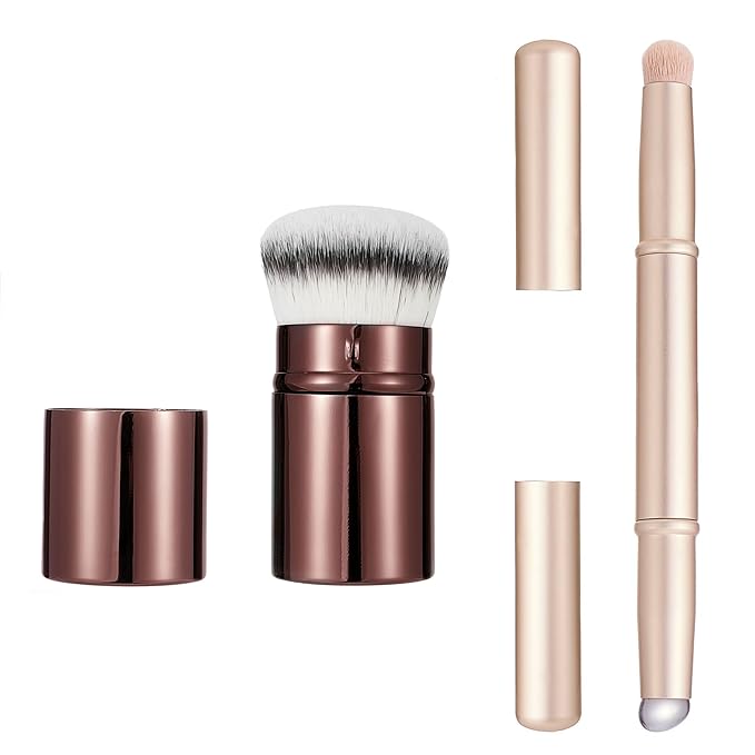 Retractable Kabuki Makeup Brush, Powder Brushes Foundation Travel Brush for Blush Bronzer & Powder, Silicone Lip Brush, Double-Ended Multi-purpose Makeup Blending Brush with Lid