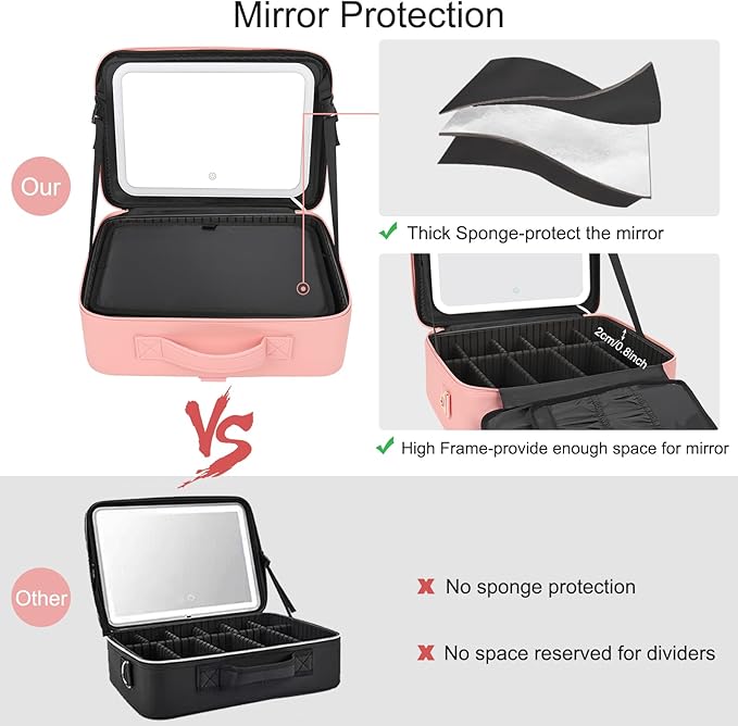 Relavel Makeup Bag with LED Mirror, 16.2 inches Large Makeup Case Travel Portable Cosmetic Organizer Vanity Case for Women, Rechargeable Lighted Mirror Professional Makeup Artists Storage Box (Pink)