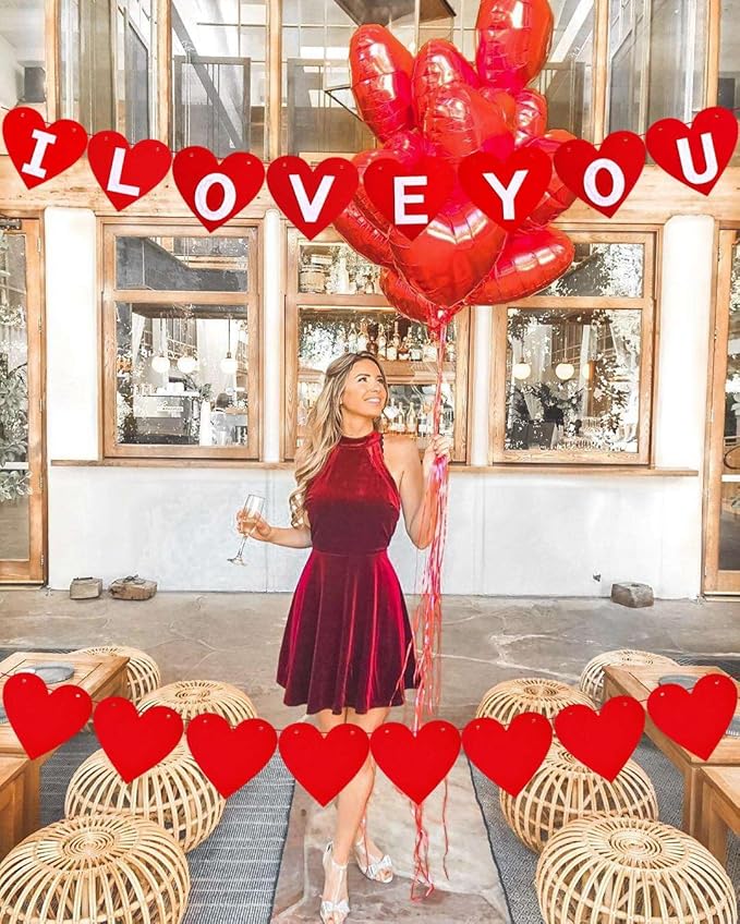 2 Pack Felt I Love You Bunting Banner, Valentines Day Felt Red Heart Decorations,Valentines Day White I Love You Sign Banner for Valentines Day Anniversary Wedding Party Decorations Supplies