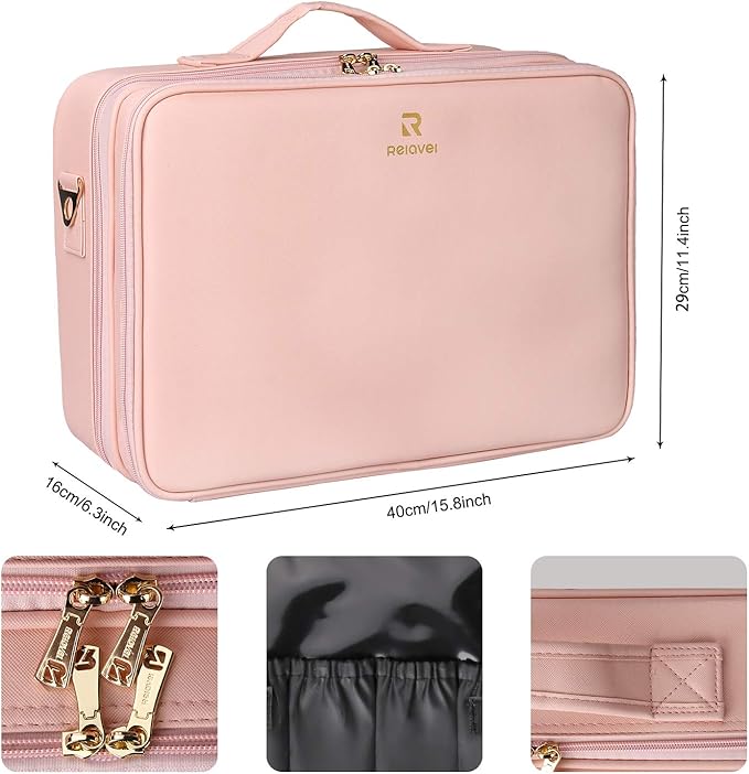 Relavel Makeup Case Large Makeup Bag Professional Train Case 16.5 inches Travel Cosmetic Organizer Brush Holder Waterproof Makeup Artist Storage Box, 3 Layer Large with Adjustable Strap (Pink)