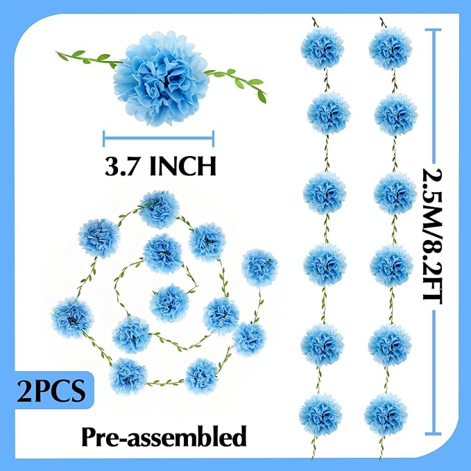 Tissue Paper Pom Pom Garland Hanging Paper Flower Decorations for Wedding Baby Shower Engagement Garden Tea Party Bridal Shower Spring Summer Wall Decor Nursery Arch Backdrop