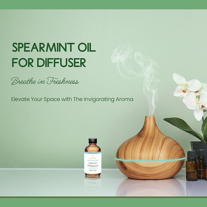 Spearmint Oil for Facial Hair Skin Roll On Diffuser Room Spray - Pure Organic Therapeutic Grade Spearmint Essential Oil 4 Oz