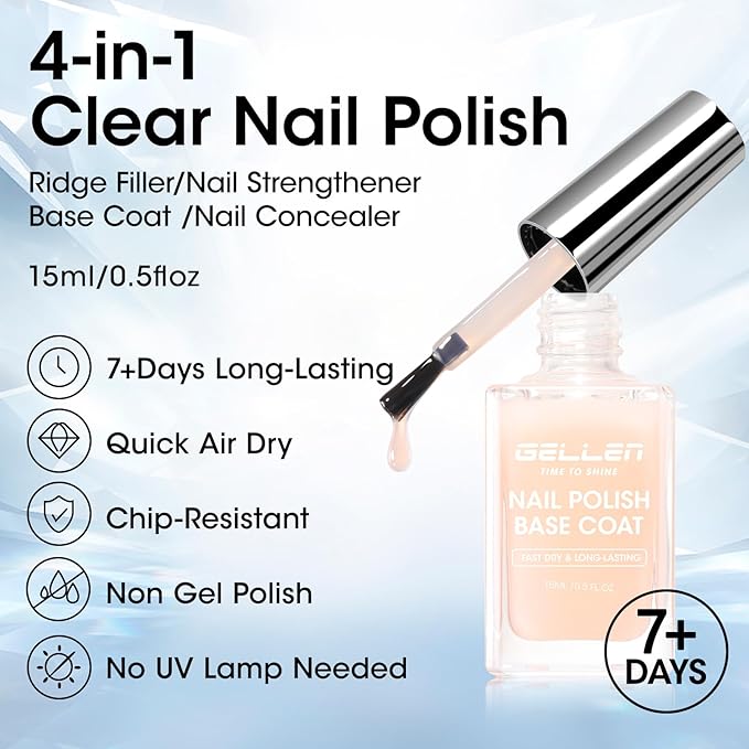 GELLEN 4‑in‑1 Clear Nail Polish Base Coat Sheer Tinted Cream Milky, Ridge Filler For Nails, Nail Strengthener Concealer, Calcium Formula Smoothes Strengthens Nails, Enhances Natural Look, HEMA Free